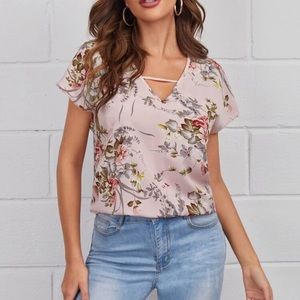 Shein Keyhole Neck Batwing Sleeve Floral Print Top